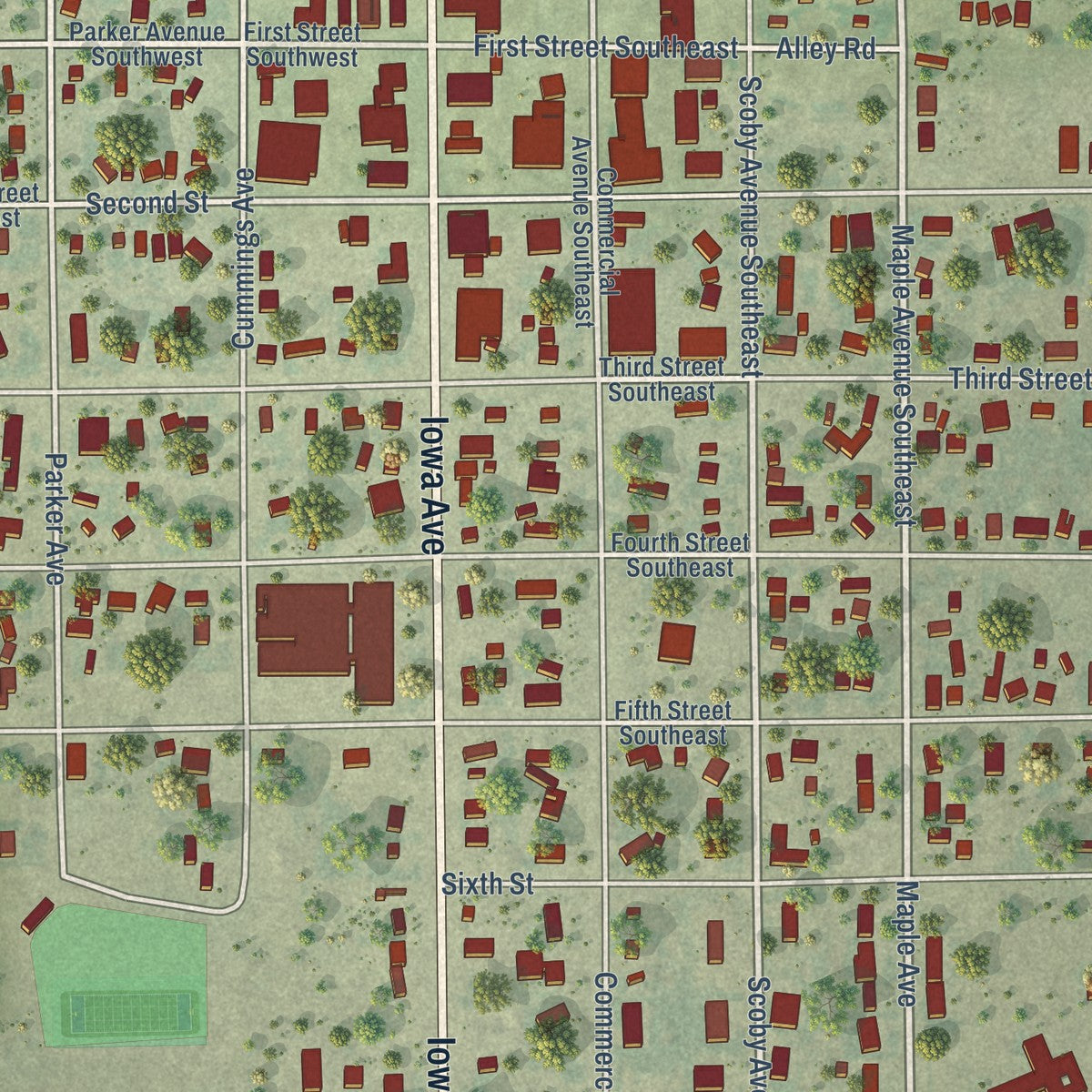 Close-up of the map of Highmore, South Dakota print showing street and building detail