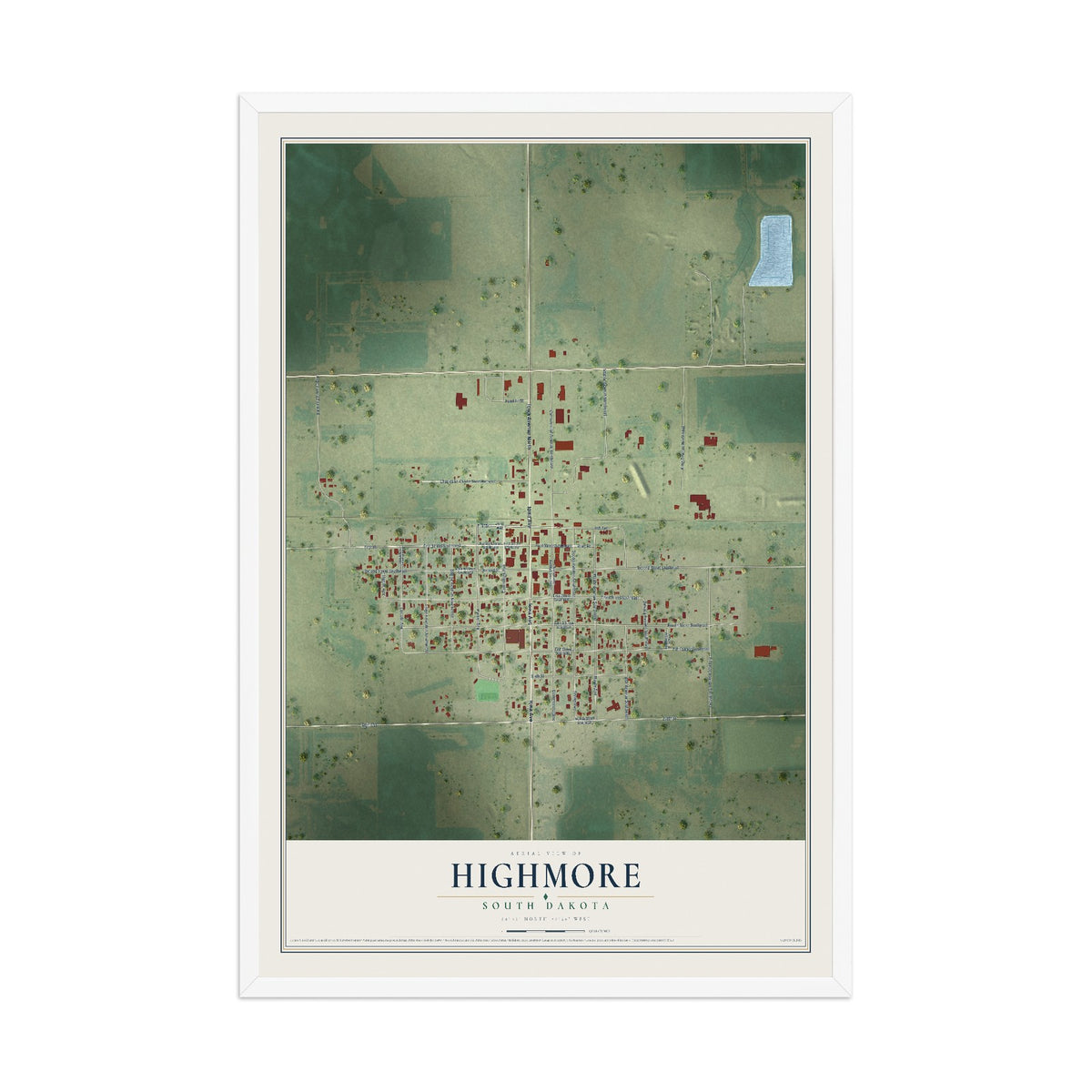 Map of Highmore, South Dakota, 12 x 18 inch print in a white wood frame