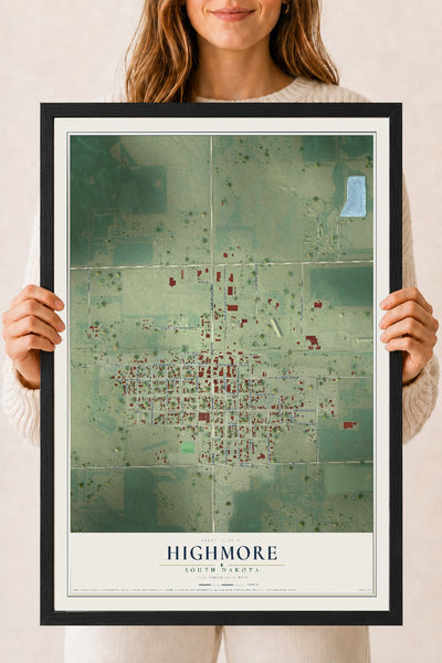 Map of Highmore, South Dakota, 18 x 24 inch print in a black wood frame