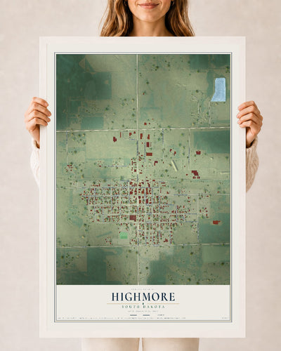 Map of Highmore, South Dakota, 24 x 36 inch print in a white wood frame