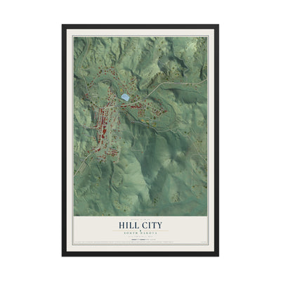 Map of Hill City, South Dakota, 12 x 18 inch print in a black wood frame