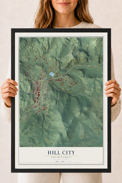 Map of Hill City, South Dakota, 18 x 24 inch print in a black wood frame