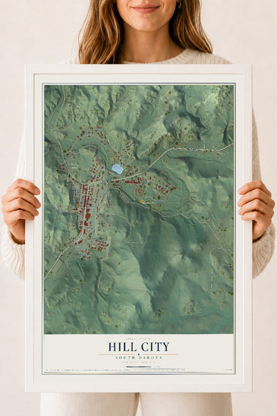 Map of Hill City, South Dakota, 18 x 24 inch print in a white wood frame