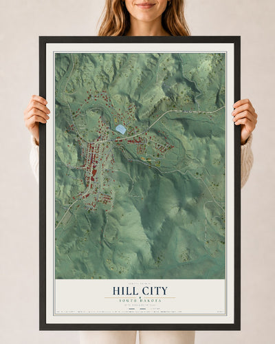 Map of Hill City, South Dakota, 24 x 36 inch print in a black wood frame