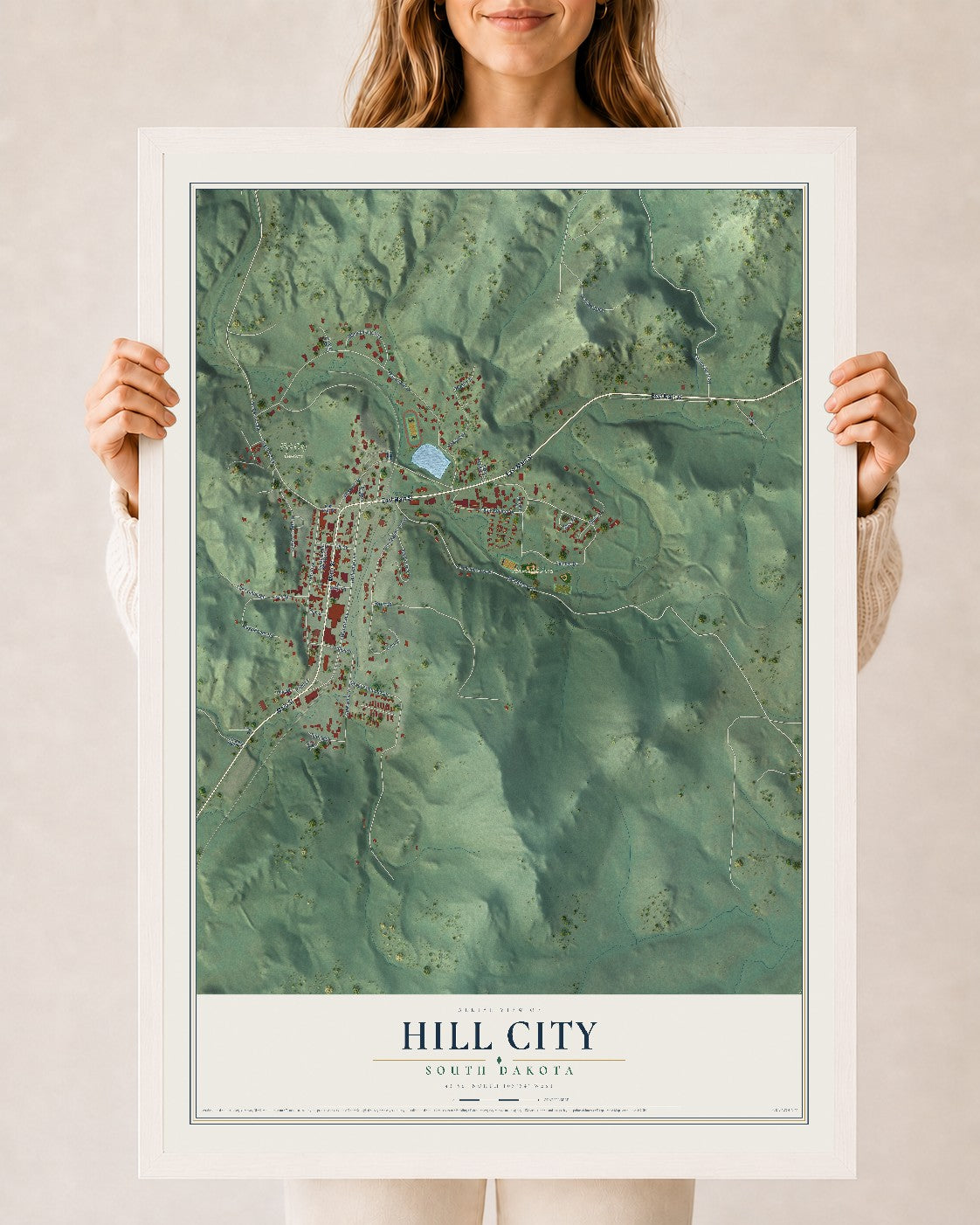 Map of Hill City, South Dakota, 24 x 36 inch print in a white wood frame