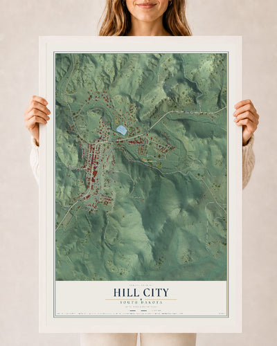 Map of Hill City, South Dakota, 24 x 36 inch print in a white wood frame