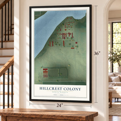Hillcrest Colony, South Dakota map, 24 x 36 inch print in a black frame by a staircase