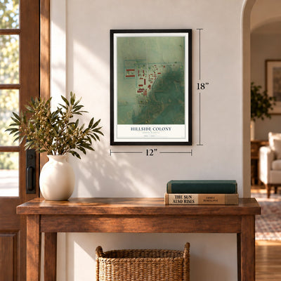 Hillside Colony, South Dakota map, 12 x 18 inch print in a black frame in an entryway