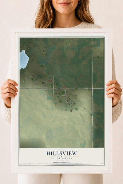 Map of Hillsview, South Dakota, 18 x 24 inch print in a white wood frame