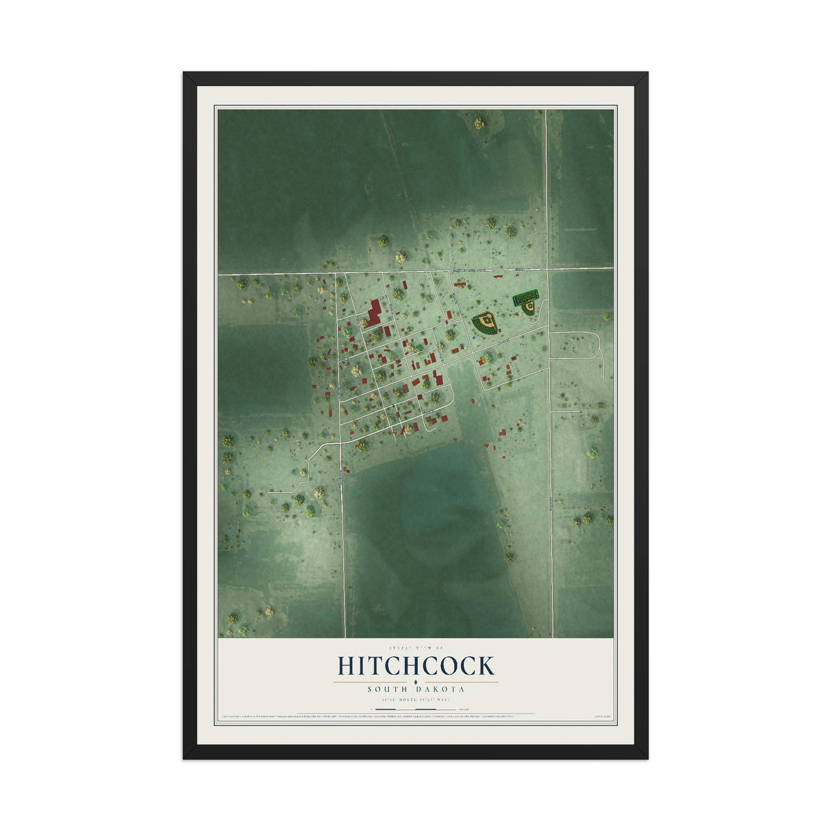 Map of Hitchcock, South Dakota, 12 x 18 inch print in a black wood frame