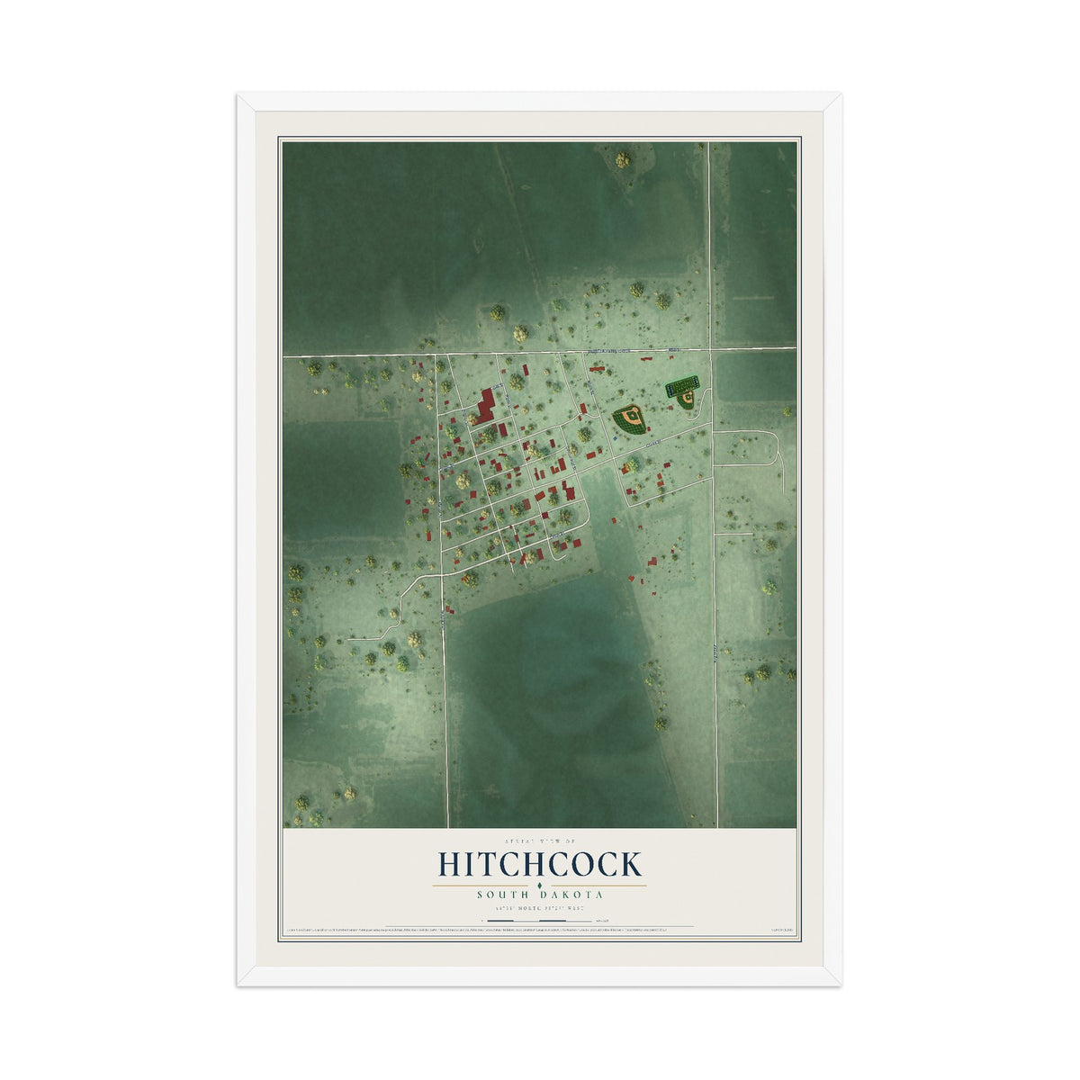 Map of Hitchcock, South Dakota, 12 x 18 inch print in a white wood frame