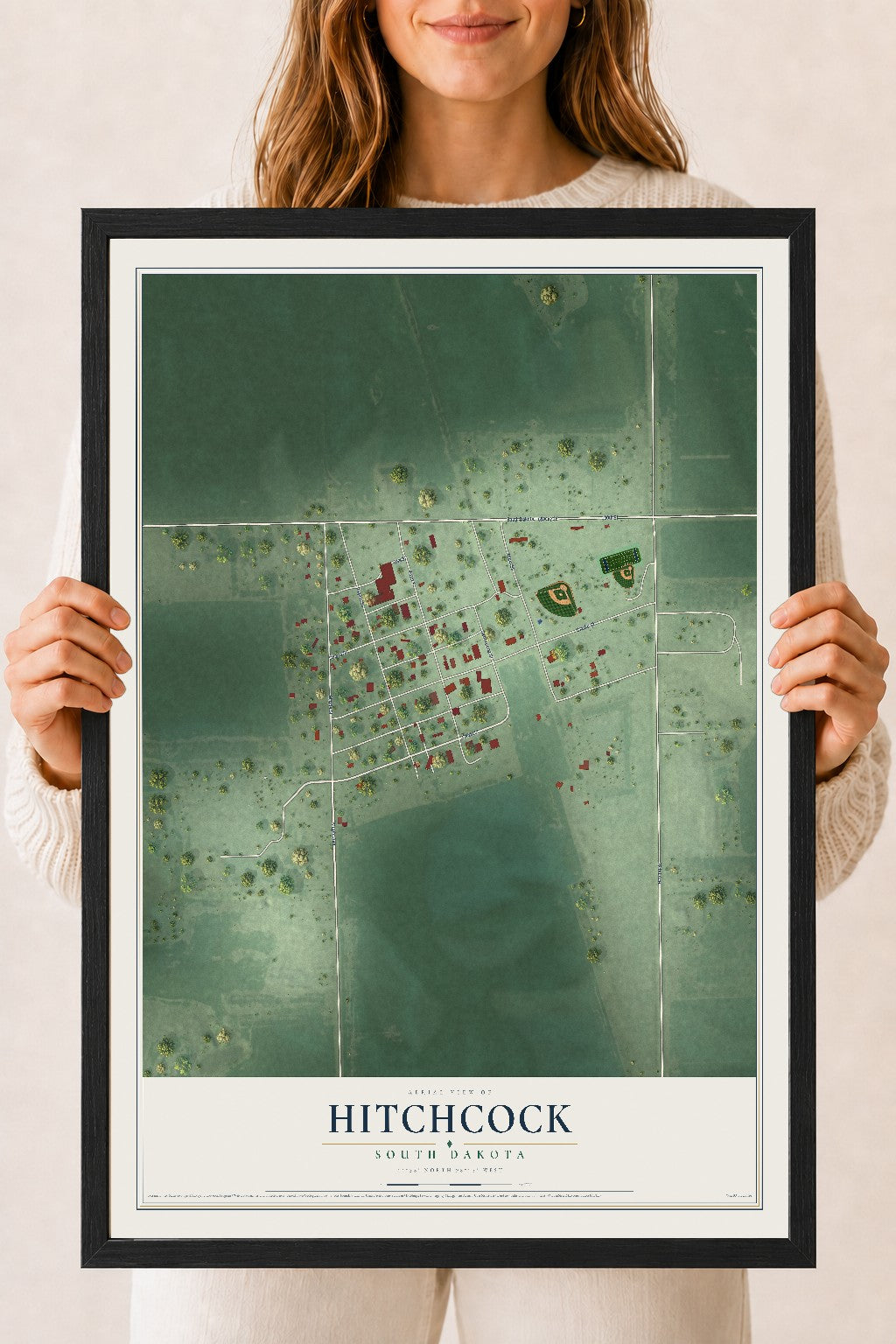 Map of Hitchcock, South Dakota, 18 x 24 inch print in a black wood frame