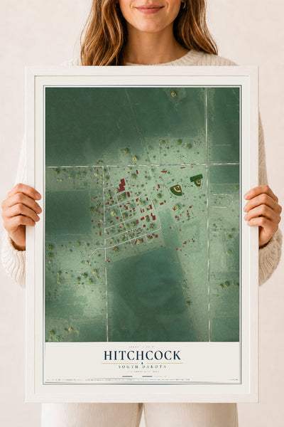Map of Hitchcock, South Dakota, 18 x 24 inch print in a white wood frame