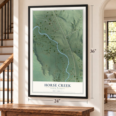 Horse Creek, South Dakota map, 24 x 36 inch print in a black frame by a staircase