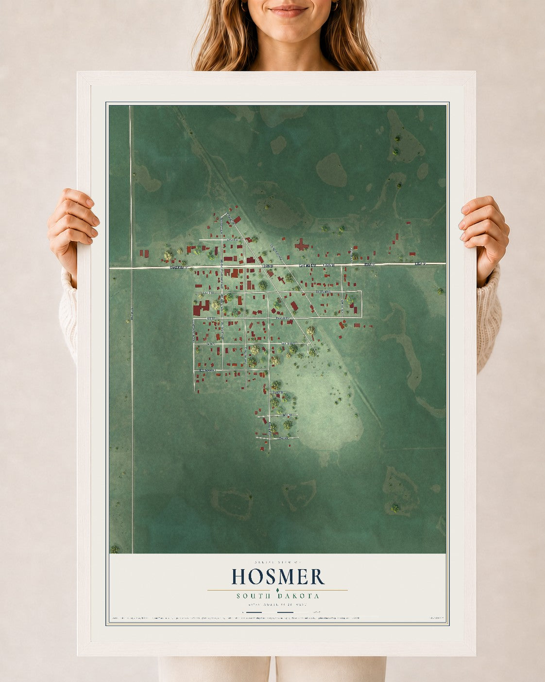 Map of Hosmer, South Dakota, 24 x 36 inch print in a white wood frame