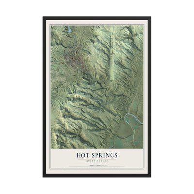 Map of Hot Springs, South Dakota, 12 x 18 inch print in a black wood frame