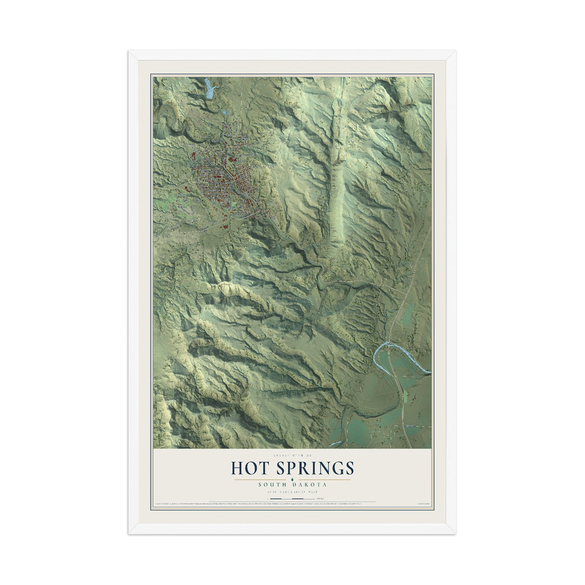 Map of Hot Springs, South Dakota, 12 x 18 inch print in a white wood frame