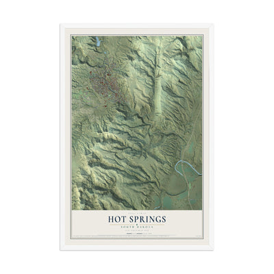 Map of Hot Springs, South Dakota, 12 x 18 inch print in a white wood frame