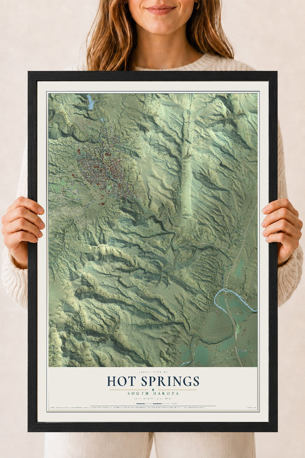 Map of Hot Springs, South Dakota, 18 x 24 inch print in a black wood frame