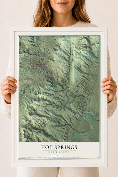 Map of Hot Springs, South Dakota, 18 x 24 inch print in a white wood frame
