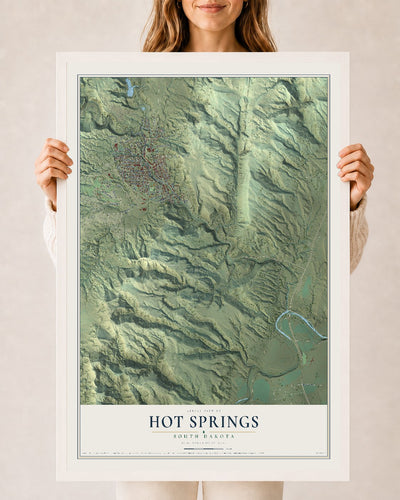Map of Hot Springs, South Dakota, 24 x 36 inch print in a white wood frame