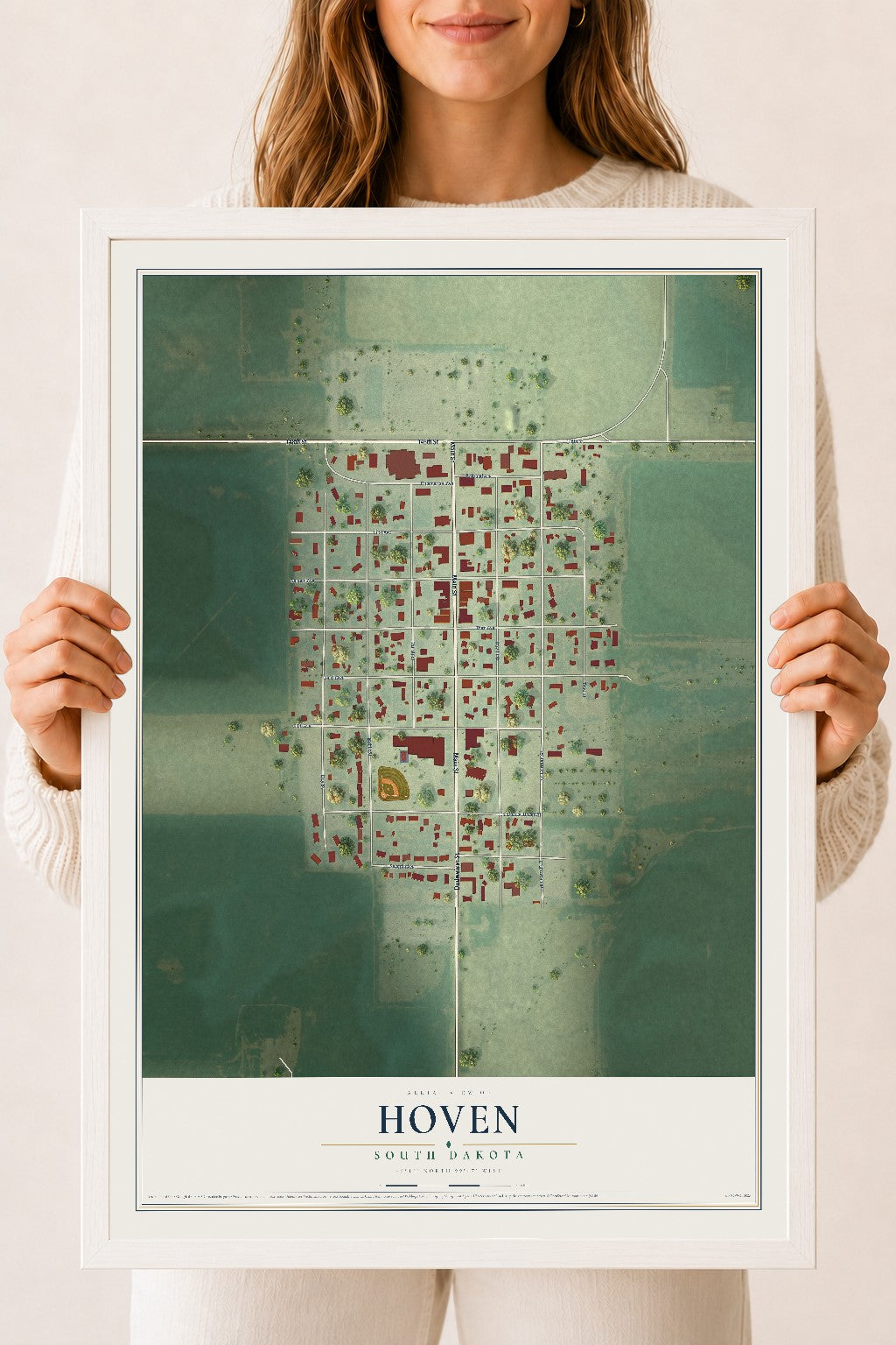 Map of Hoven, South Dakota, 18 x 24 inch print in a white wood frame