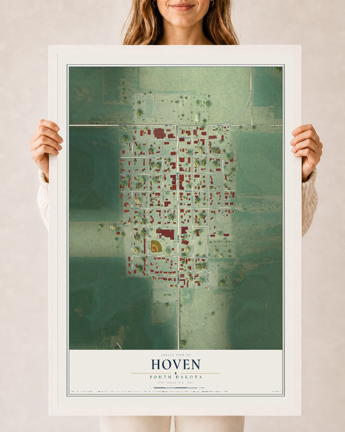 Map of Hoven, South Dakota, 24 x 36 inch print in a white wood frame