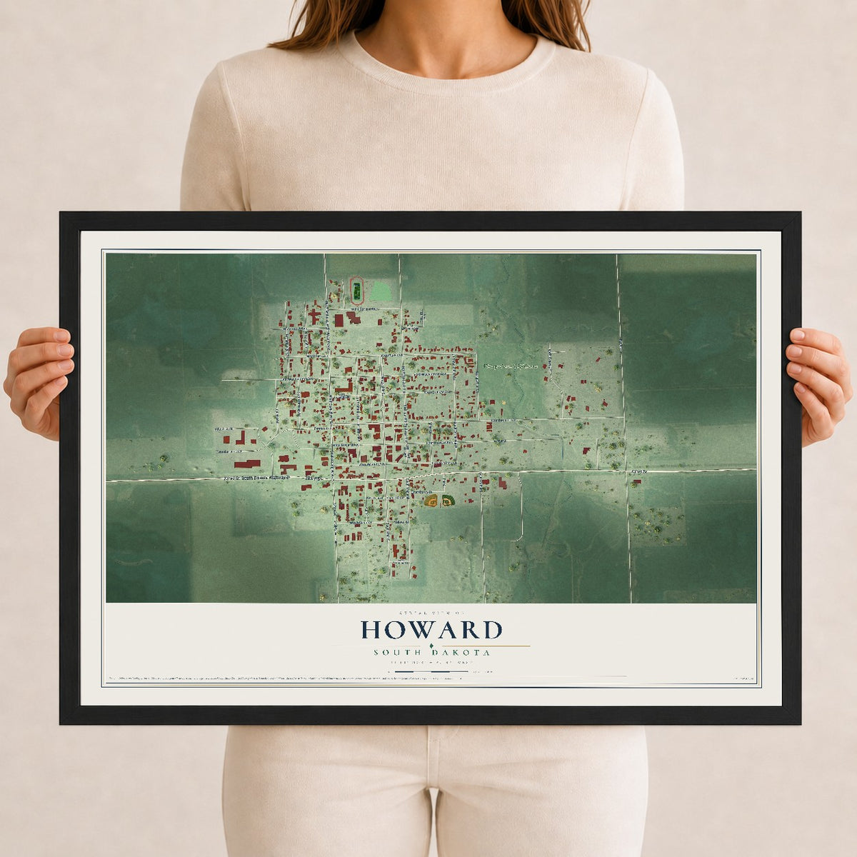 Map of Howard, South Dakota, 12 x 18 inch print in a black wood frame