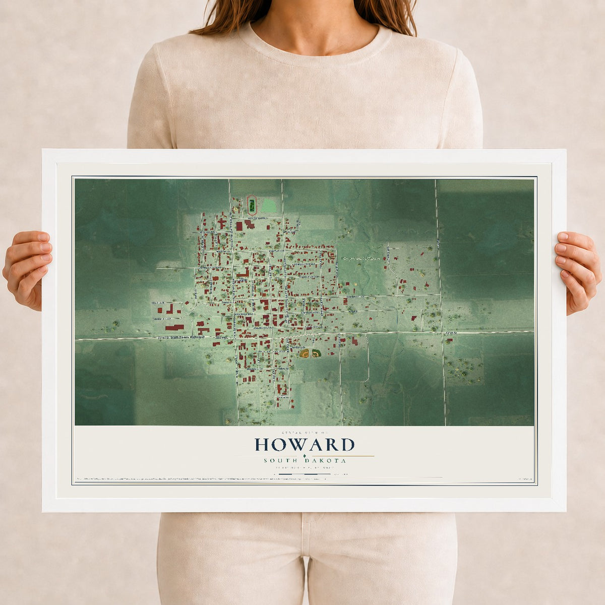 Map of Howard, South Dakota, 12 x 18 inch print in a white wood frame