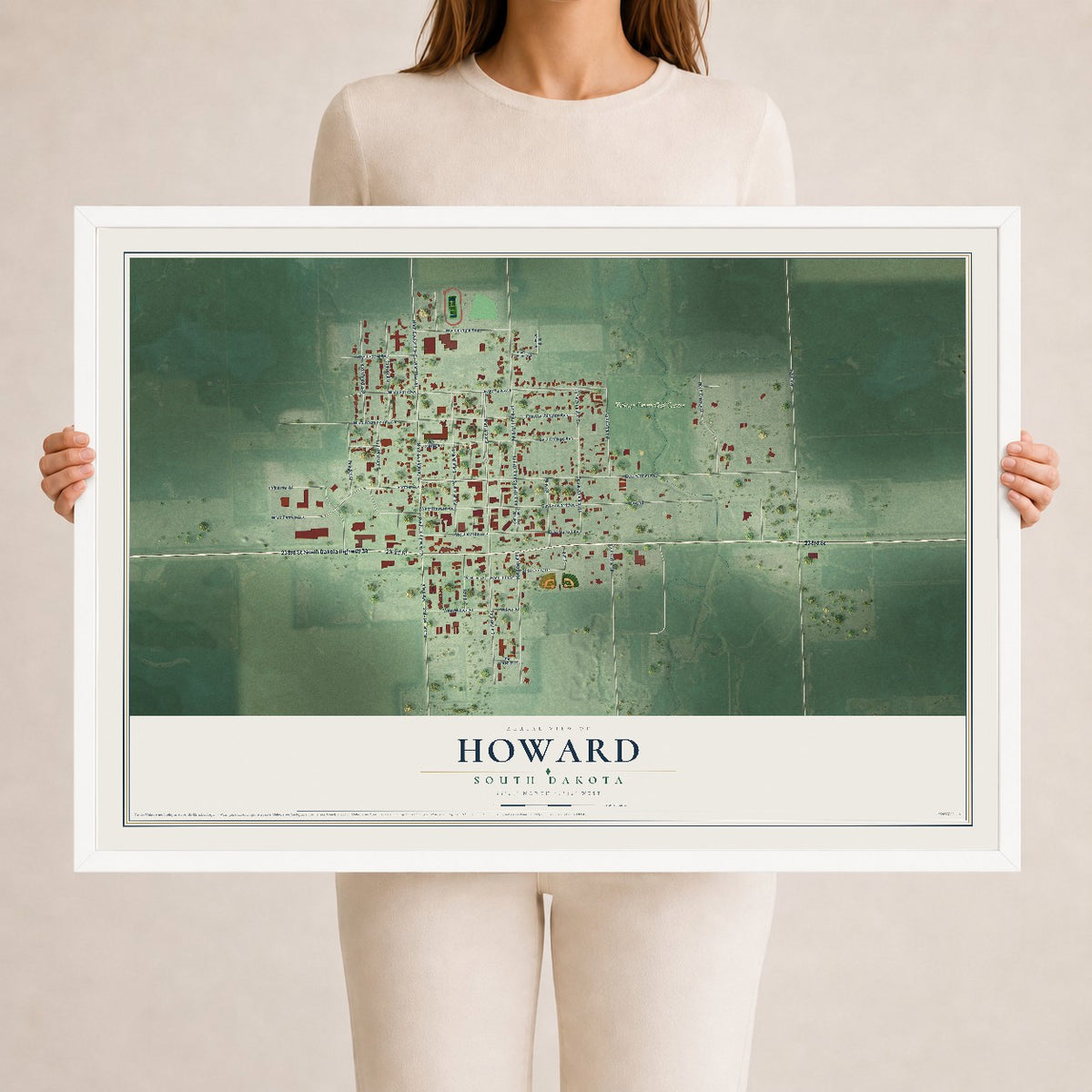 Map of Howard, South Dakota, 24 x 36 inch print in a white wood frame