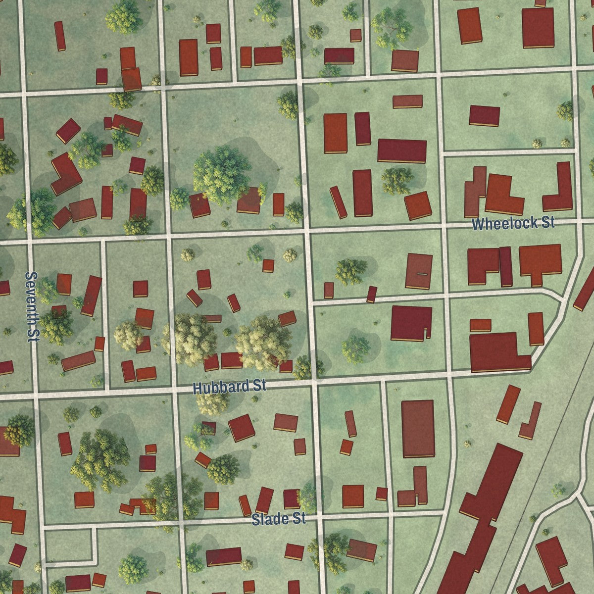 Close-up of the map of Hudson, South Dakota print showing street and building detail