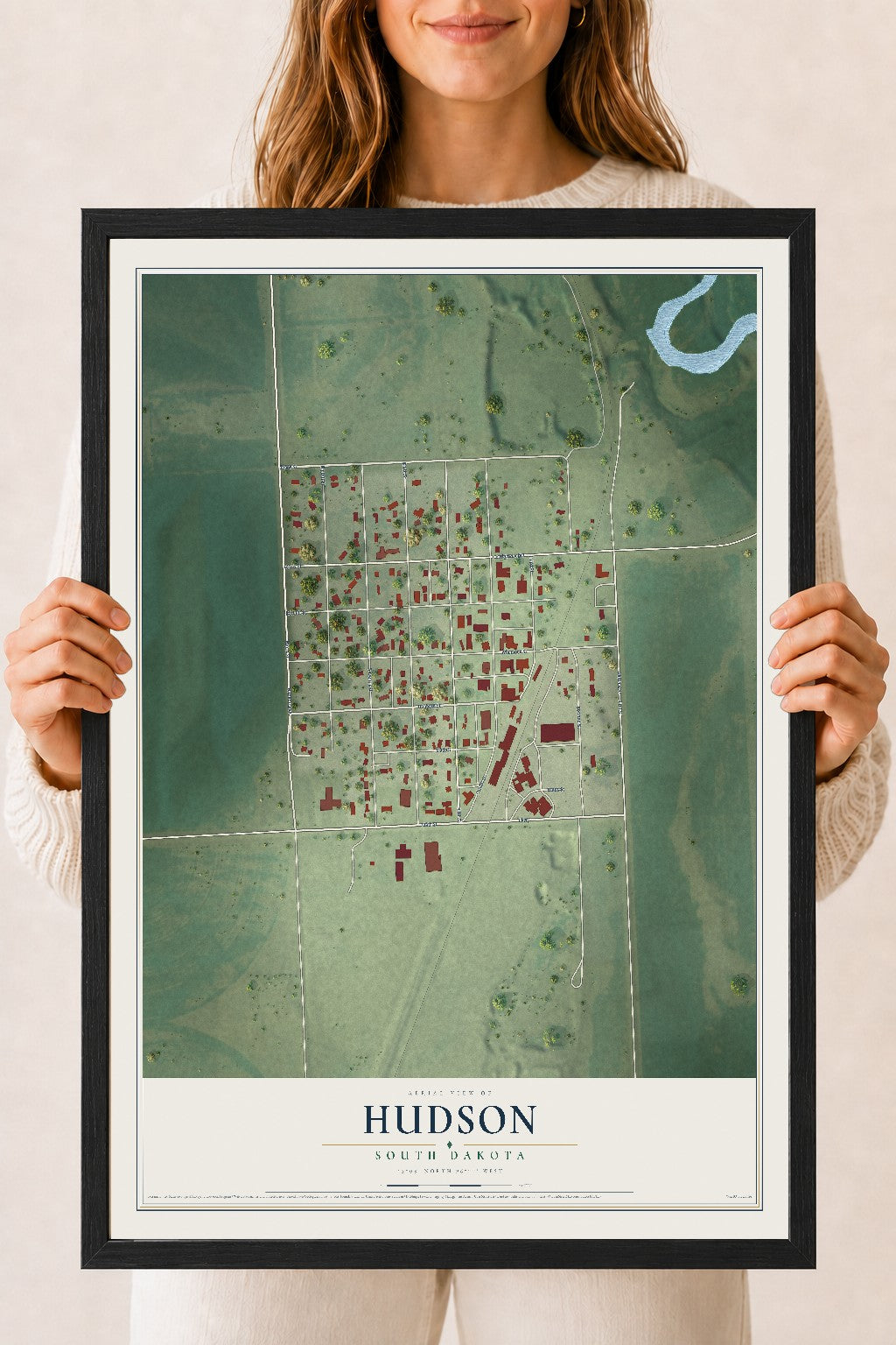 Map of Hudson, South Dakota, 18 x 24 inch print in a black wood frame