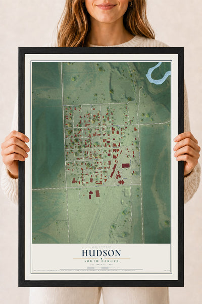 Map of Hudson, South Dakota, 18 x 24 inch print in a black wood frame