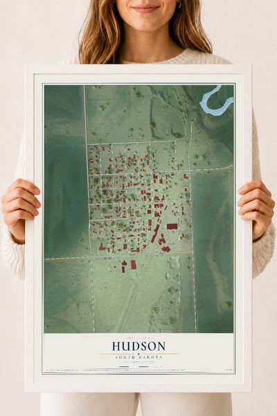 Map of Hudson, South Dakota, 18 x 24 inch print in a white wood frame