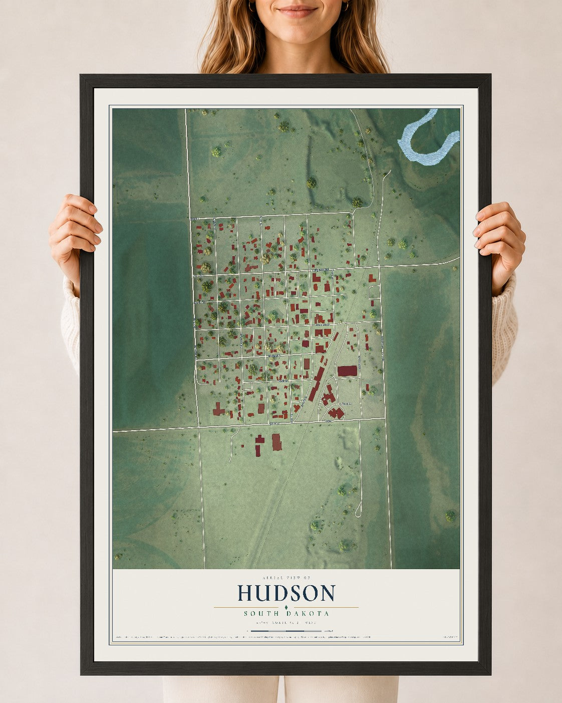 Map of Hudson, South Dakota, 24 x 36 inch print in a black wood frame