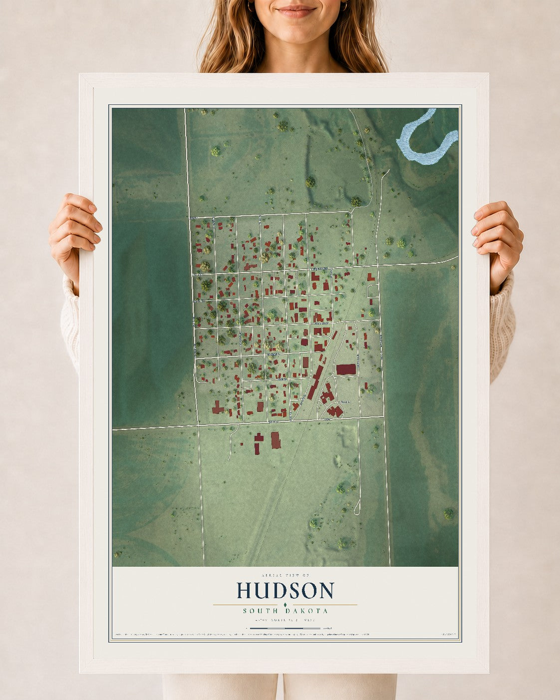 Map of Hudson, South Dakota, 24 x 36 inch print in a white wood frame