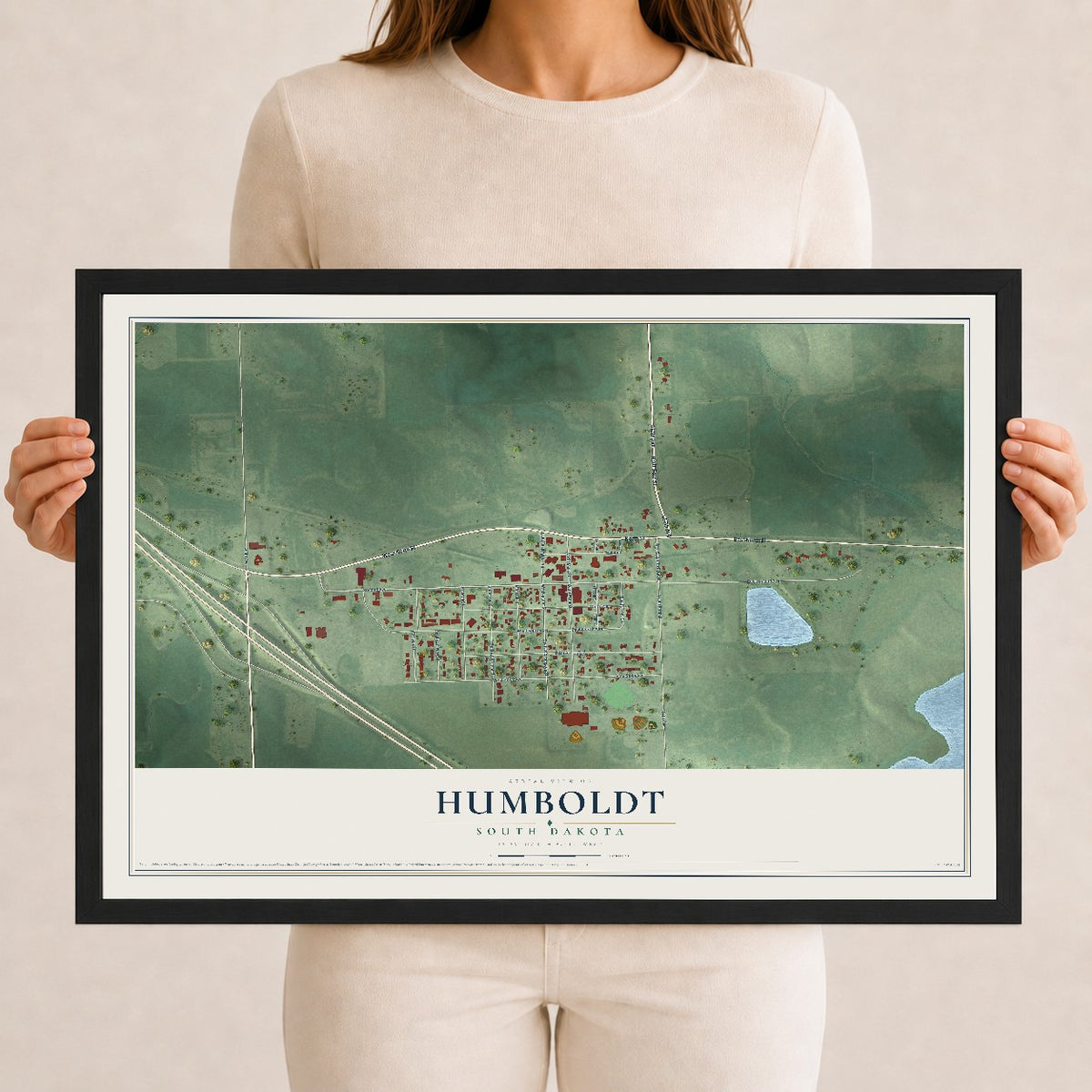 Map of Humboldt, South Dakota, 12 x 18 inch print in a black wood frame