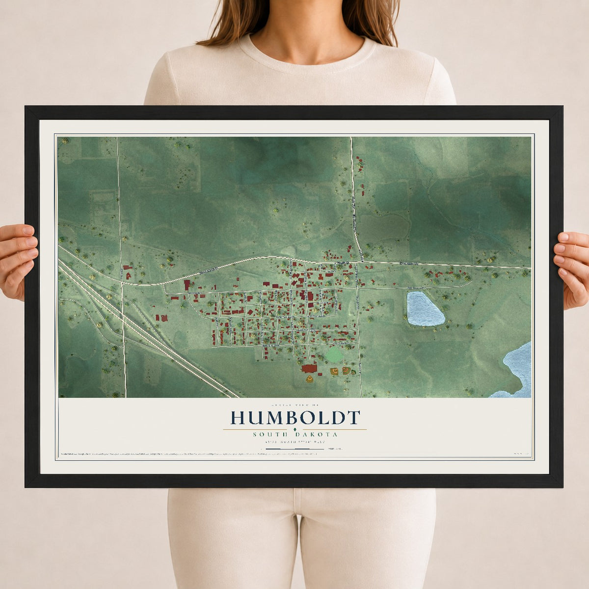 Map of Humboldt, South Dakota, 18 x 24 inch print in a black wood frame