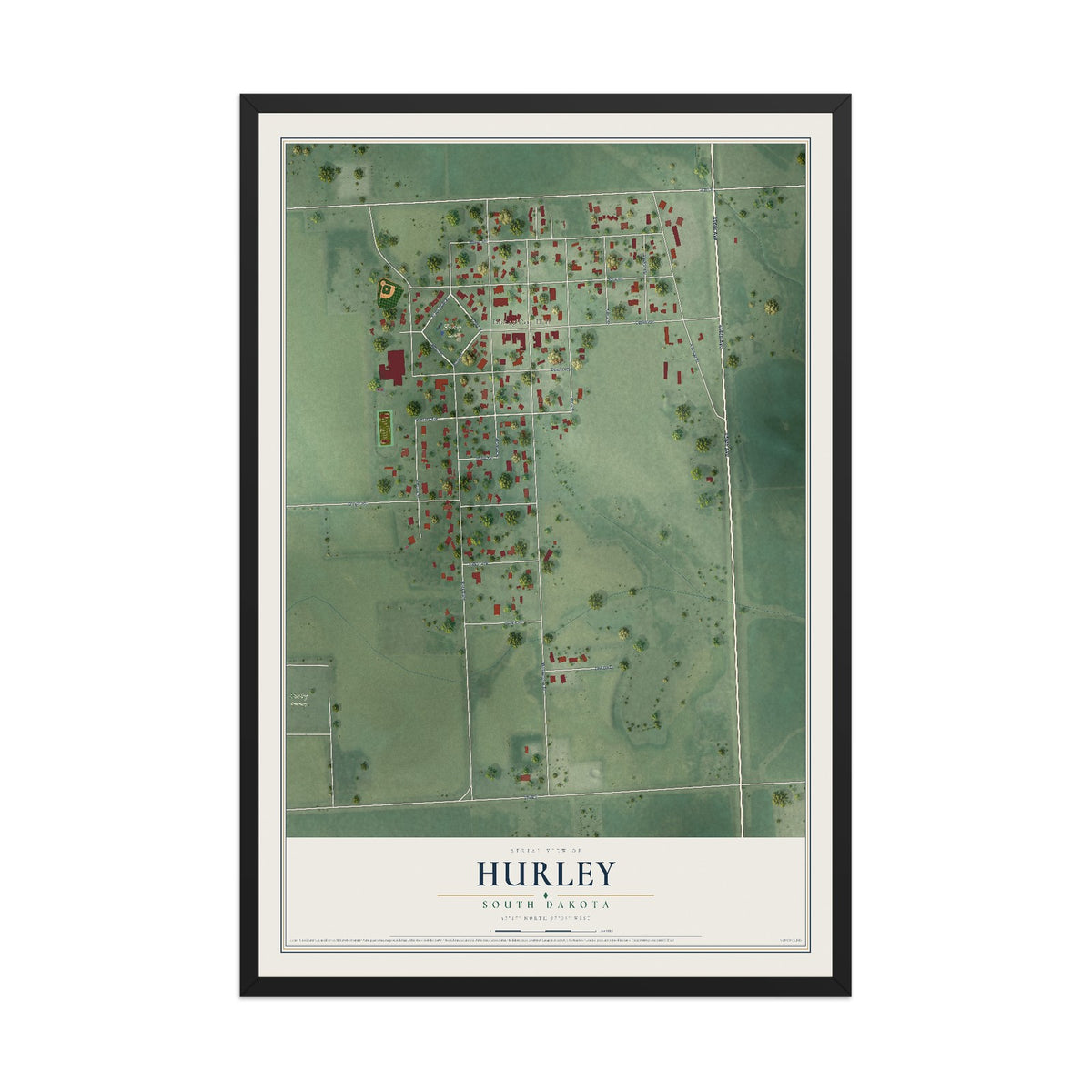 Map of Hurley, South Dakota, 12 x 18 inch print in a black wood frame