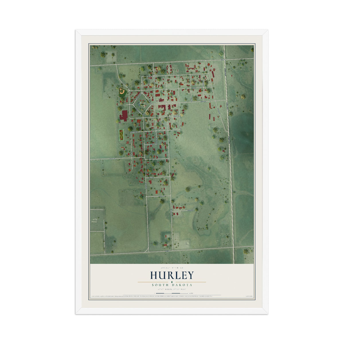 Map of Hurley, South Dakota, 12 x 18 inch print in a white wood frame