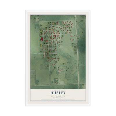 Map of Hurley, South Dakota, 12 x 18 inch print in a white wood frame