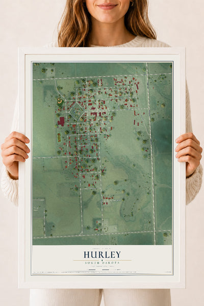 Map of Hurley, South Dakota, 18 x 24 inch print in a white wood frame