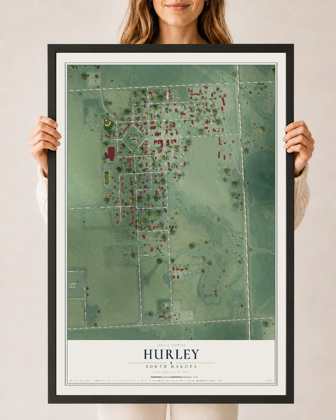 Map of Hurley, South Dakota, 24 x 36 inch print in a black wood frame