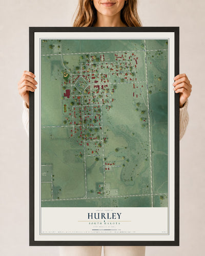 Map of Hurley, South Dakota, 24 x 36 inch print in a black wood frame