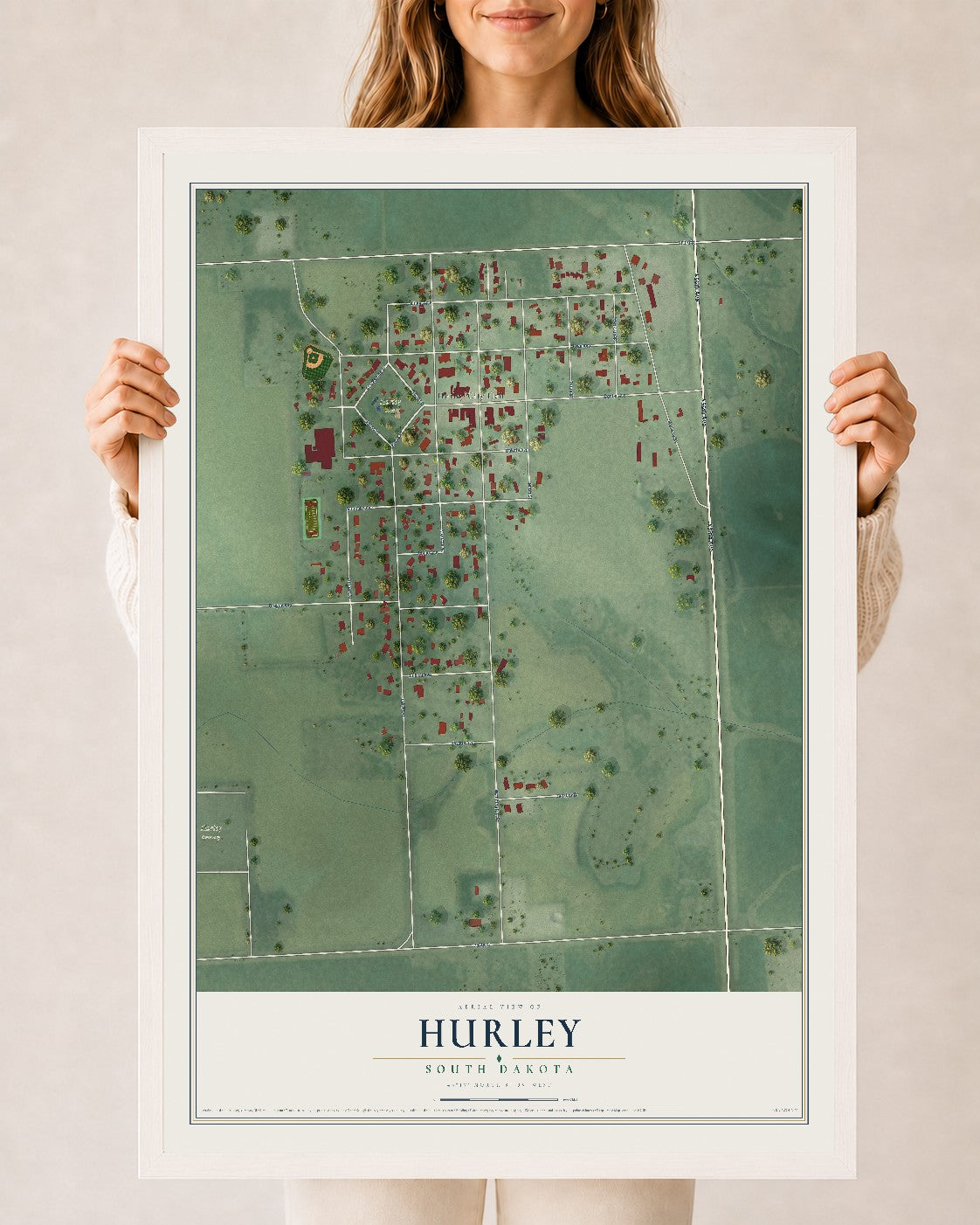 Map of Hurley, South Dakota, 24 x 36 inch print in a white wood frame