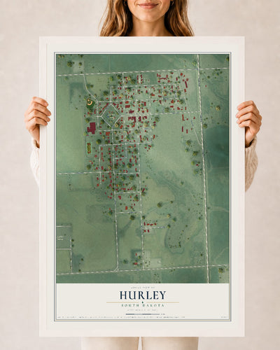 Map of Hurley, South Dakota, 24 x 36 inch print in a white wood frame