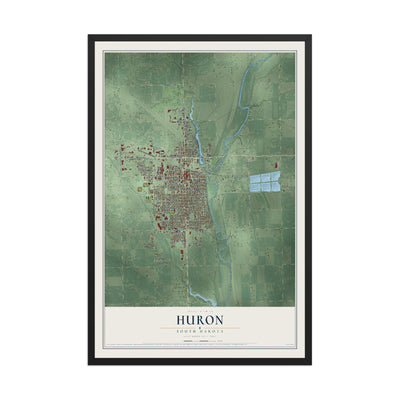 Map of Huron, South Dakota, 12 x 18 inch print in a black wood frame