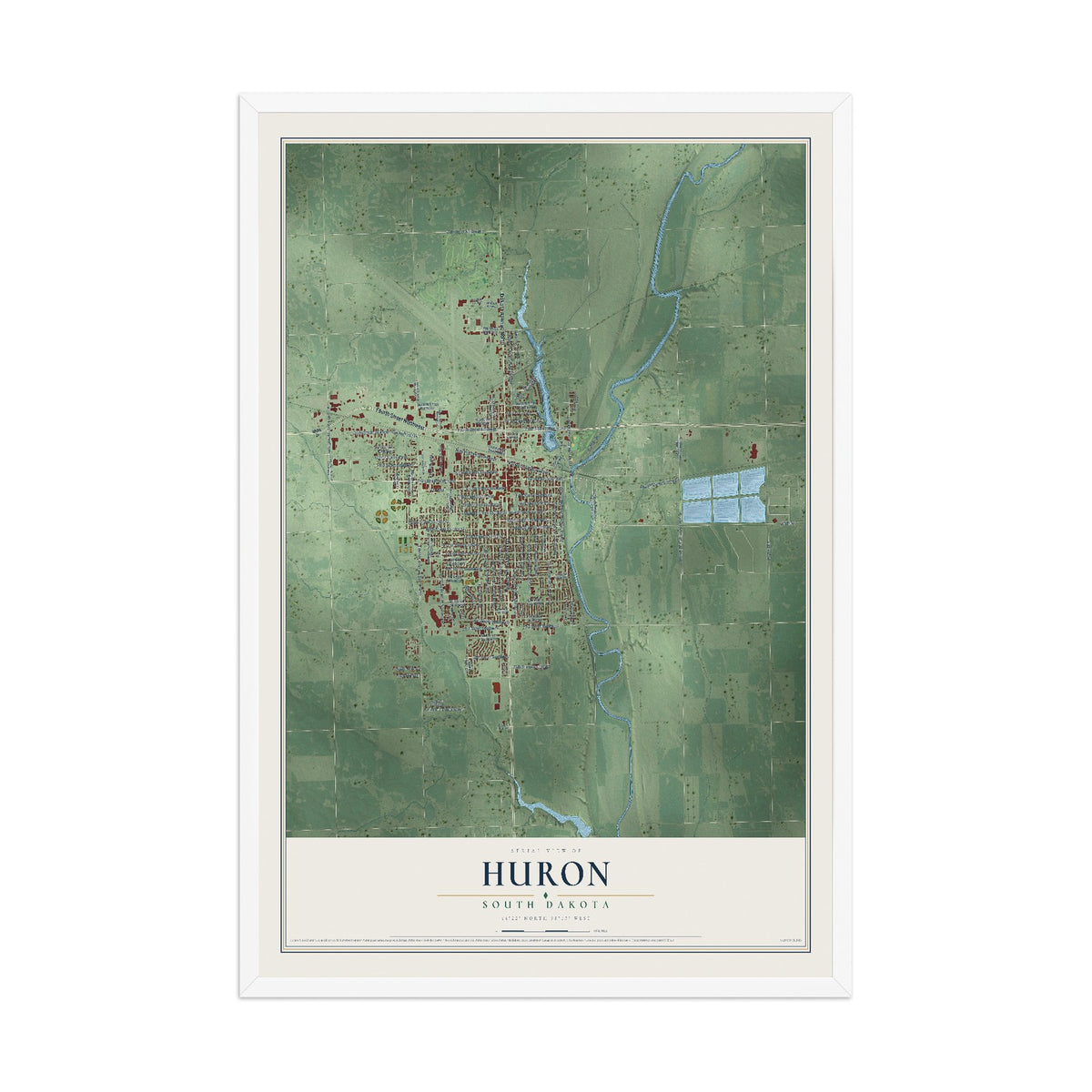 Map of Huron, South Dakota, 12 x 18 inch print in a white wood frame