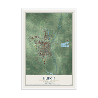Map of Huron, South Dakota, 12 x 18 inch print in a white wood frame