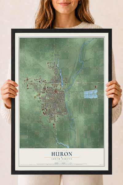 Map of Huron, South Dakota, 18 x 24 inch print in a black wood frame